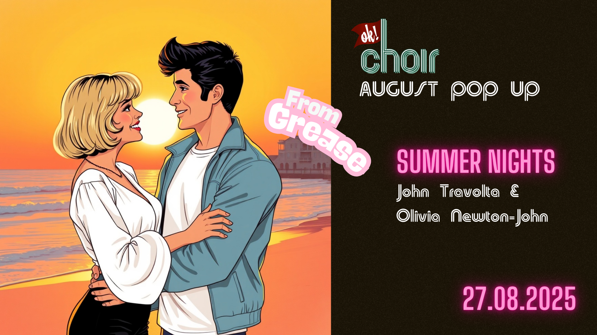 Pop art image of a couple embracing against a vibrant beach sunset. Text on the right reads "Summer Nights" and "27.08.2025" in bright neon. Retro vibe.